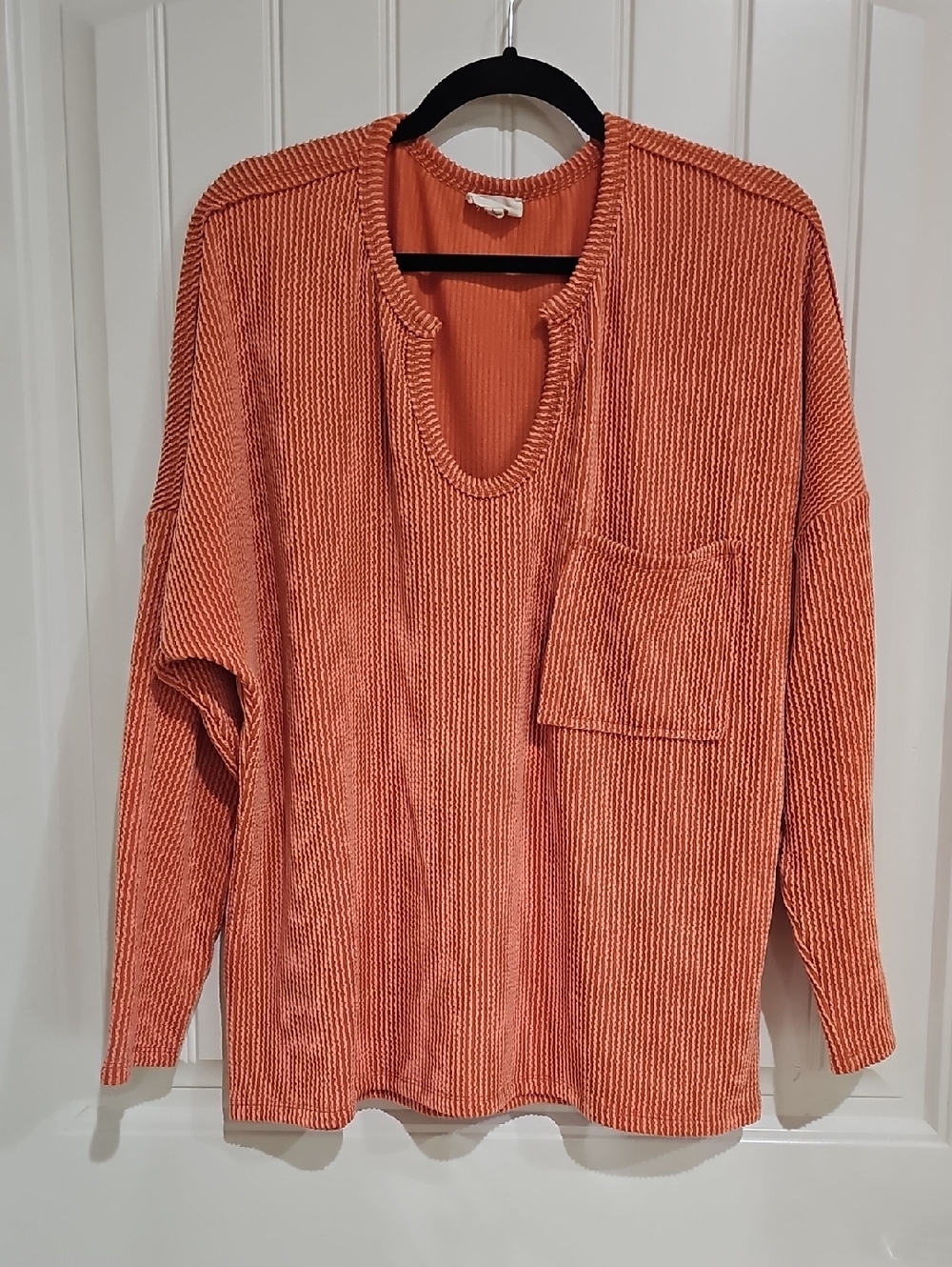BiBi Orange Ribbed V-Neck Long Sleeve Top with Pocket